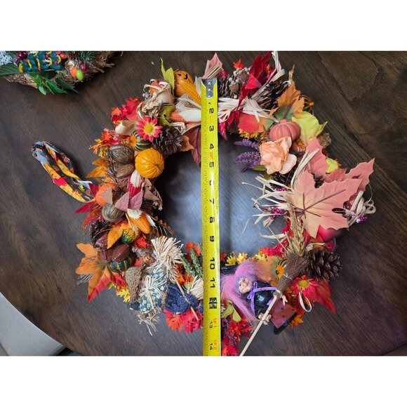Handcrafted Fall Wreath With Mini Scarecrow & Witch Decor Straw Base Autumn Leav - Picture 3 of 14